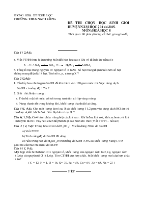 Đề thi chọn học sinh giỏi huyện năm học 20144 - 2015. Môn Hoá học 8 thời gian 90 phút (không kể thời gian giao đề)